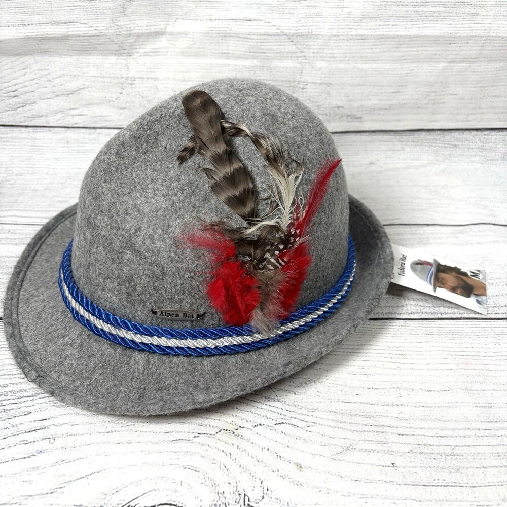 EHG Alpen Gray Felt Wool Fedora Sz M Bavarian German Hat  H656 With Feathers New